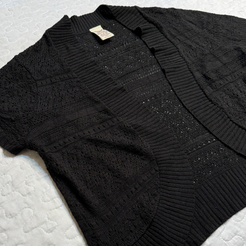 Women M Cardigan Black S/S Pointelle Open BOHO CROCHET DARK BOLERO SHRUG LIGHT